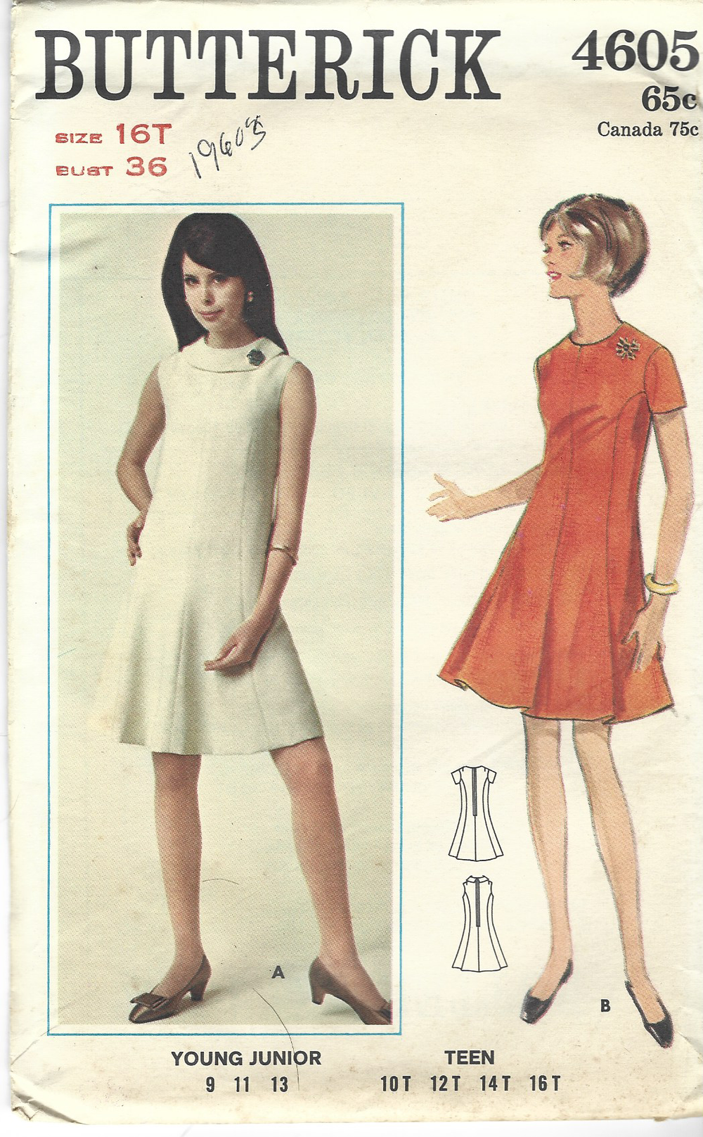 Butterick 4605 Ladies Teen One Piece Dress Vintage Sewing Pattern 1960s