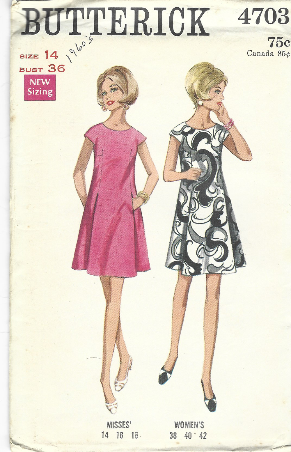 Butterick 4703 Ladies One Piece Dress Vintage Sewing Pattern 1960s