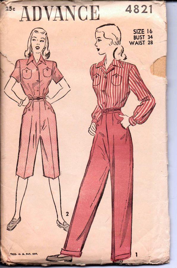 Advance 4821 Vintage 1940's Sewing Pattern Ladies Blouse Pedal Pusher Capri Pants Slacks - VintageStitching - Vintage Sewing Patterns