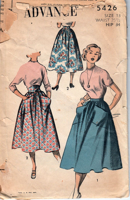 Advance 5426 Ladies High Waisted Skirt Vintage Sewing Pattern 1950's Unprinted - VintageStitching - Vintage Sewing Patterns