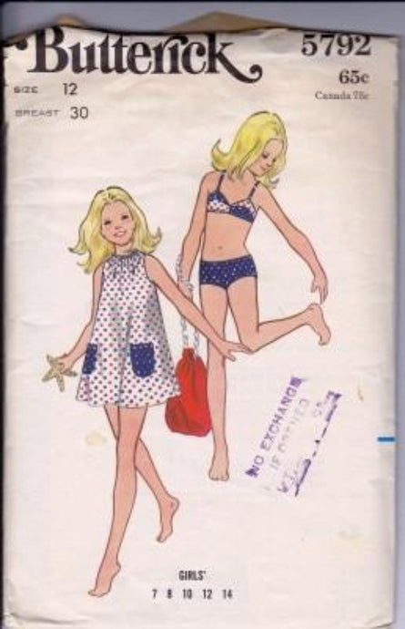 Butterick 5792 Girls Swim Suit Bikini Beach Cover-Up Vintage 1960's Sewing Pattern - VintageStitching - Vintage Sewing Patterns