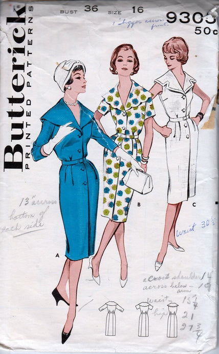 Butterick 9305 Vintage 1950's Sewing Pattern Ladies Sheath Dress Cape Collar - VintageStitching - Vintage Sewing Patterns