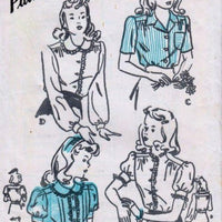 Hollywood 1826 Young Girls Front Closing Blouse Vintage 1940's Sewing Pattern 4 Styles - VintageStitching - Vintage Sewing Patterns