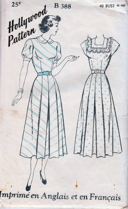Hollywood B 388 Ladies Dress Square Neck Vintage 1930's Sewing Pattern Bilingual - VintageStitching - Vintage Sewing Patterns