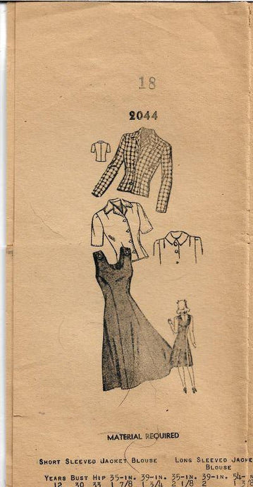 Mail Order 2044 Ladies Jumper Dress Blouse Jacket Vintage Sewing Pattern 1940s - VintageStitching - Vintage Sewing Patterns