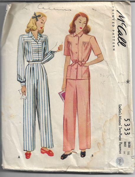 McCall 5333 Ladies Two Piece Pajamas Jacket Pants Vintage Sewing Pattern 1940s - VintageStitching - Vintage Sewing Patterns