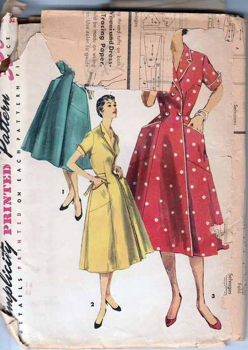 Simplicity 1028 Vintage 1950's Sewing Pattern Ladies Wrap House Dress Front Button Brunch Coat - VintageStitching - Vintage Sewing Patterns