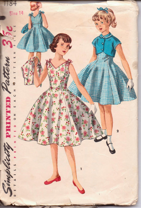 Simplicity 1184 Young Girls Sleeveless Dress Bolero Jacket Vintage 50's Sewing Pattern - VintageStitching - Vintage Sewing Patterns