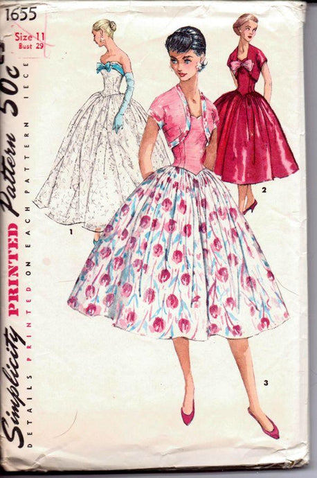 Simplicity 1655 Vintage 1950's Sewing Pattern Ladies Sleeveless Cocktail Rockabilly Dress Prom Evening Gown Bolero Jacket - VintageStitching - Vintage Sewing Patterns