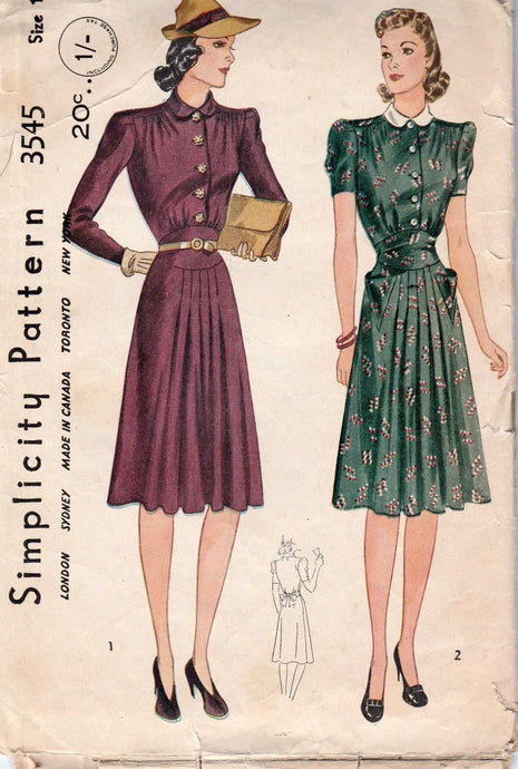 Simplicity 3545 Vintage 1940's Sewing Pattern Ladies Shirtwaist Pleated Dress 1930's - VintageStitching - Vintage Sewing Patterns