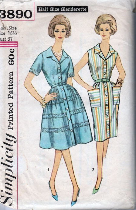 Simplicity 3890 Vintage 1960's Sewing Pattern Ladies Button Front Dress Slim Full Skirt - VintageStitching - Vintage Sewing Patterns