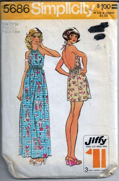 Simplicity 5686 Teen Shortie Long Halter Dress Vintage Sewing Pattern 1970s - VintageStitching - Vintage Sewing Patterns