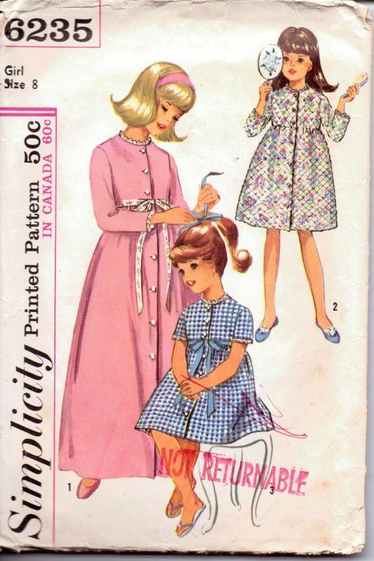 Simplicity 6235 Vintage 1960's Sewing Pattern Girls Bath Robe Empire Waist Front Buttoned Long Short - VintageStitching - Vintage Sewing Patterns
