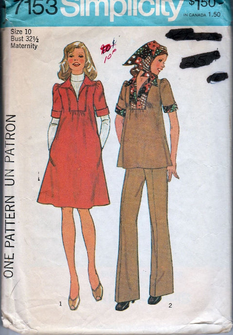 Simplicity 7153 Vintage 1970's Sewing Pattern Ladies Maternity Top Dress Pants Scarf - VintageStitching - Vintage Sewing Patterns