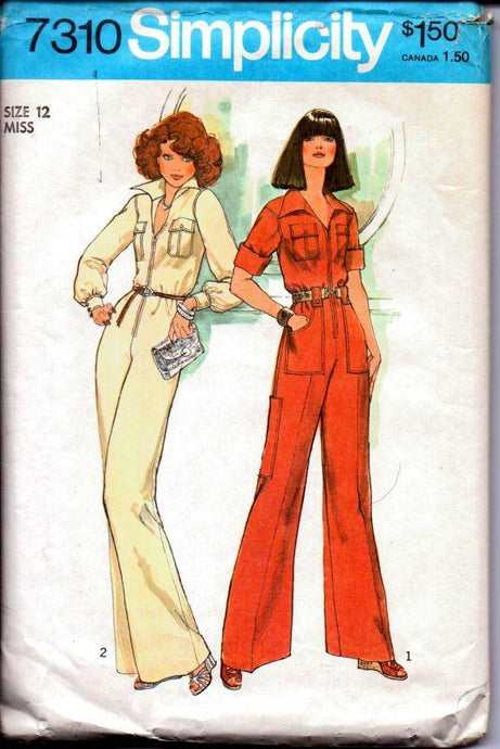 Simplicity 7310 Vintage 1970's Sewing Pattern Ladies Bell Bottom Disco Jumpsuit Front Zipper - VintageStitching - Vintage Sewing Patterns