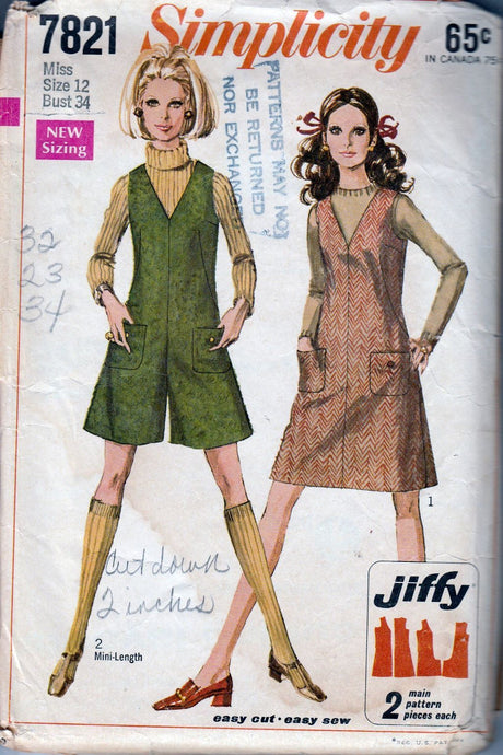 Simplicity 7821 Ladies Jiffy Jumper Dress Mini Pant Jumper Vintage 1960's Pattern - VintageStitching - Vintage Sewing Patterns