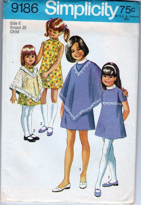 Simplicity 9186 Vintage 1960's Sewing Pattern Girls Dress Poncho - VintageStitching - Vintage Sewing Patterns