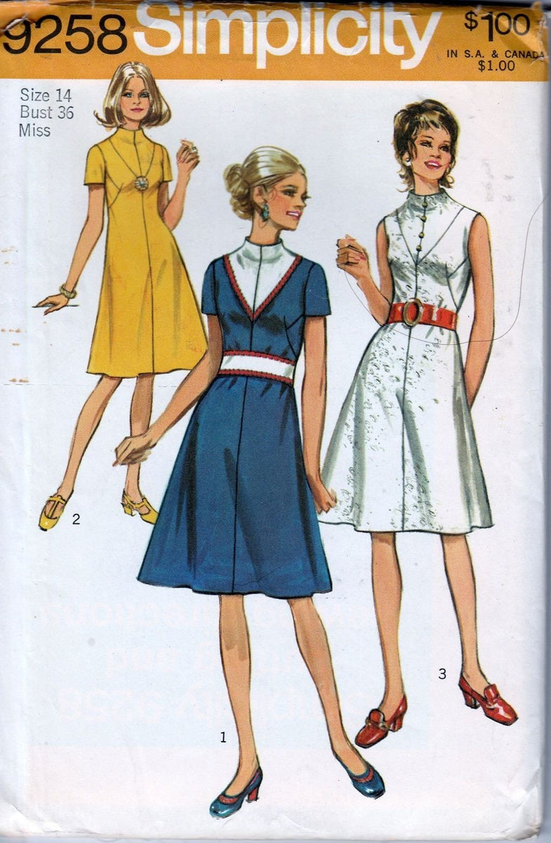 Simplicity 9258 Vintage 70's Sewing Pattern Ladies High Neck Dress