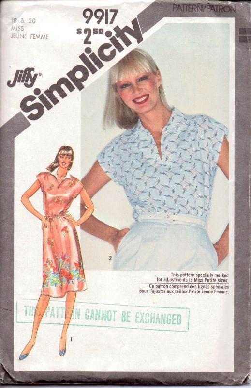 Simplicity 9917 Vintage 1980's Sewing Pattern Jiffy Pullover Dress Top Front Slash Opening - VintageStitching - Vintage Sewing Patterns