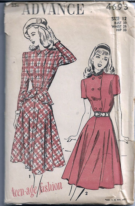 Advance 4693 Teen Two Piece Dress Vintage Sewing Pattern 1940s 