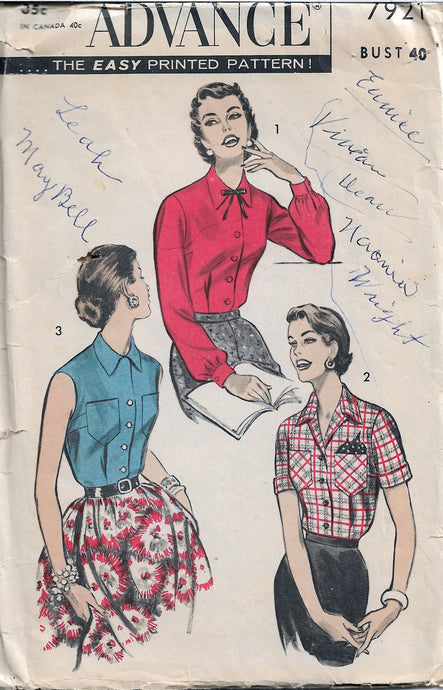 advance 7921 ladies blouse vintage sewing pattern 1950s