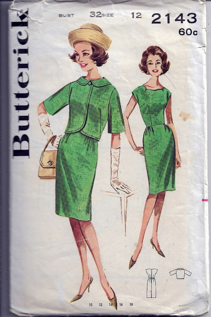 Butterick 2143 Vintage Sewing Pattern 1960s Ladies Sheath Dress Bolero Jacket - VintageStitching - Vintage Sewing Patterns
