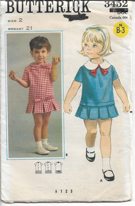 Butterick 3452 Vintage 60's Pattern Little Girls Toddlers One Piece Dress Box Pleats - VintageStitching - Vintage Sewing Patterns