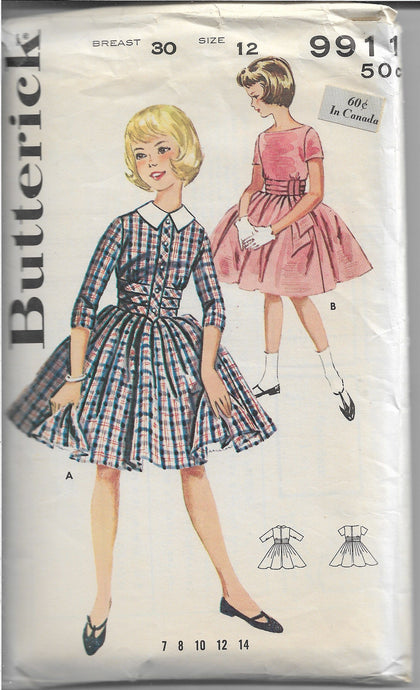 Butterick 9911 Vintage Sewing Pattern 1960s Girls Party Dress Full Skirted - VintageStitching - Vintage Sewing Patterns