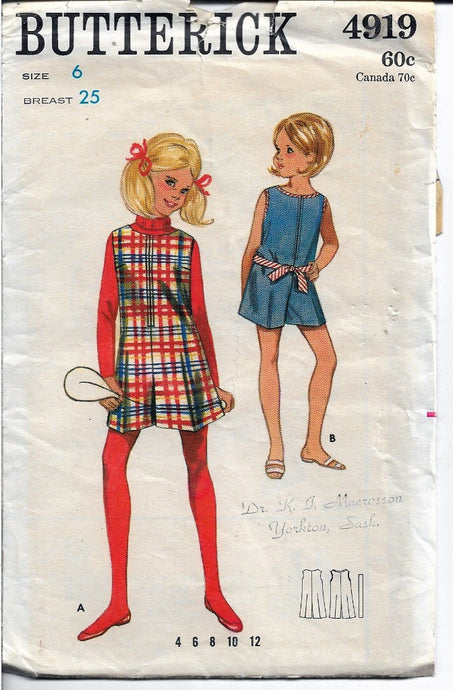 Butterick 4919  Girls Pantdress Jumper Dress Pantjumper Vintage 1960's Sewing Pattern - VintageStitching - Vintage Sewing Patterns
