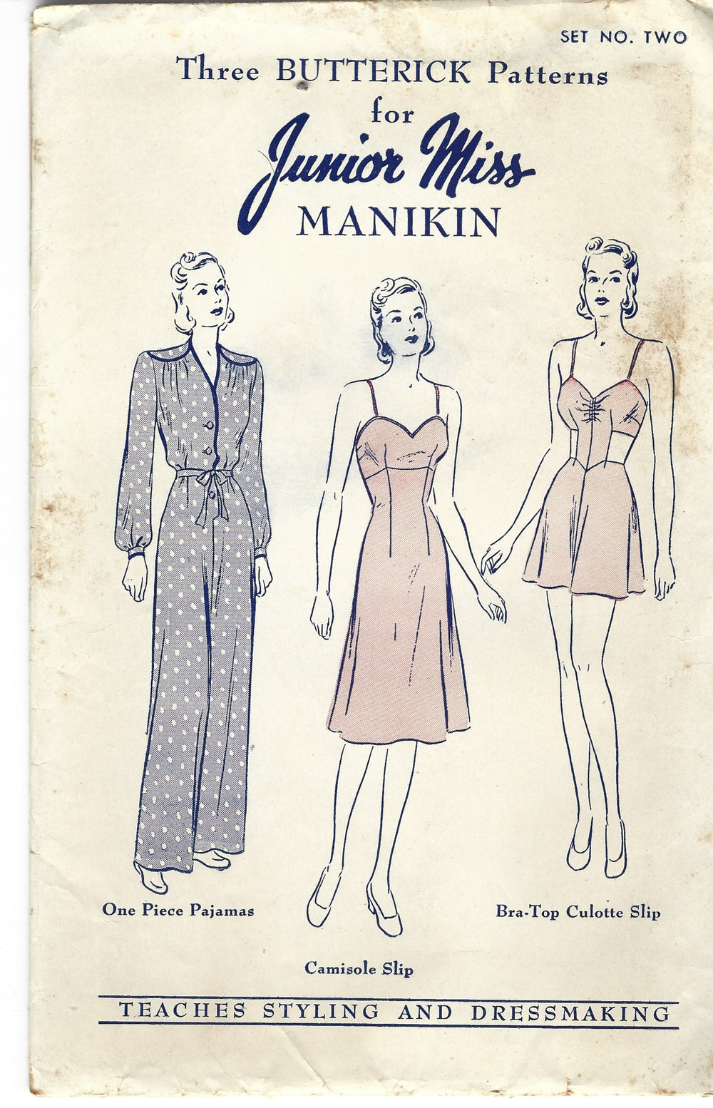 Butterick Set Two Junior Miss Manikin Manniquin Doll Pajamas Camisole Slip Vintage Pattern 1940s