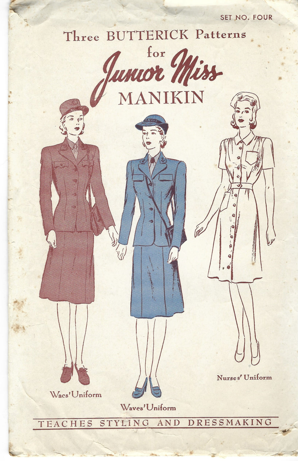 Butterick Set Four Junior Miss Manikin Manniquin Doll Military Nurse Uniform Vintage Pattern 1940s