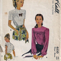 McCall 6550 Ladies Back Buttoned Blouse Puff Sleeves Vintage Sewing Pattern