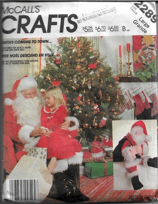 McCall's Crafts 2289 Christmas Santa Claus Costume Bag Doll Vintage 1980's Craft Pattern - VintageStitching - Vintage Sewing Patterns