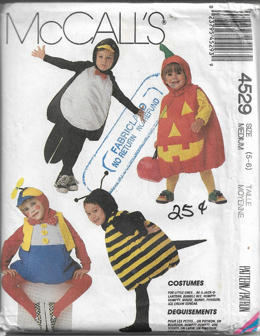 McCall's 4529 Child Jack O Lantern Bee Mouse Bunny Penguin Halloween Costume Pattern - VintageStitching - Vintage Sewing Patterns