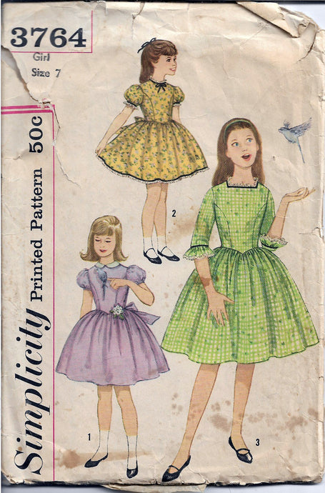 Simplicity 3764 Vintage 1960s Sewing Pattern Girls Party Dress Puff Sleeves - VintageStitching - Vintage Sewing Patterns