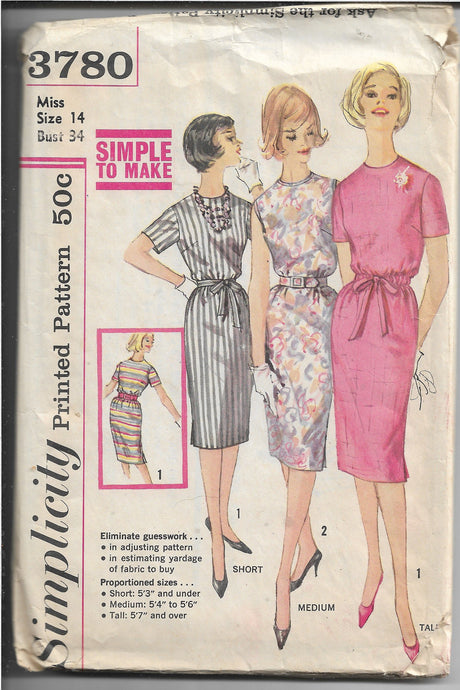 Simplicity 3780 Vintage Sewing Pattern 1960s Ladies Slim Dress - VintageStitching - Vintage Sewing Patterns
