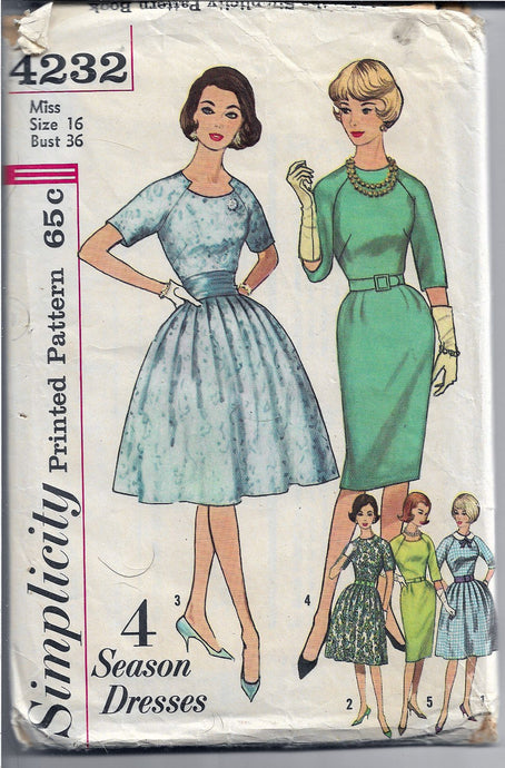 Simplicity 4232 Ladies Dress Raglan Sleeves Vintage Sewing Pattern 1960's - VintageStitching - Vintage Sewing Patterns