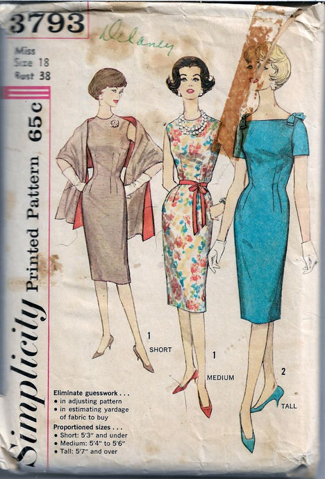 Simplicity 3793 One Piece Dress Stole Shawl Vintage Sewing Pattern