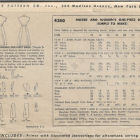 Simplicity 4260 Ladies Shirtwaist Dress Vintage Sewing Pattern 1950s