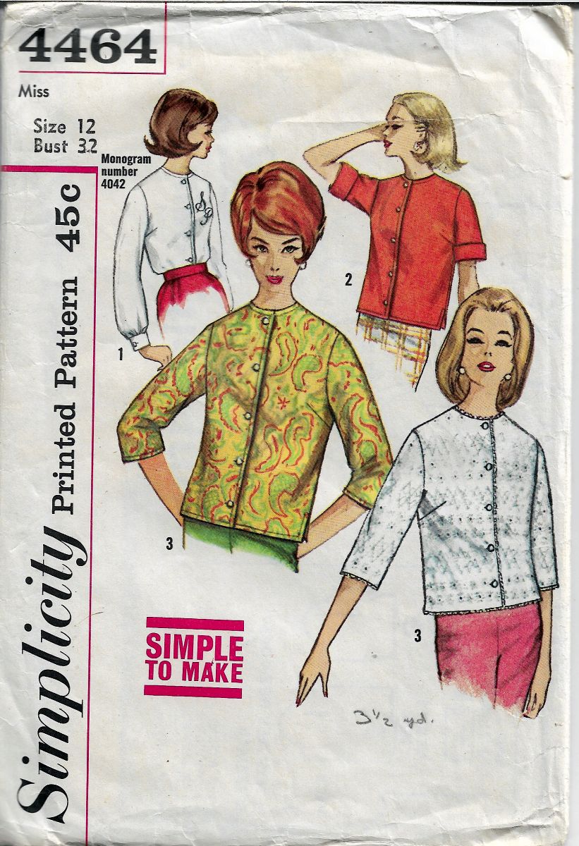 Simplicity 4464 Vintage Sewing Pattern 1960's Misses Blouse - VintageStitching - Vintage Sewing Patterns