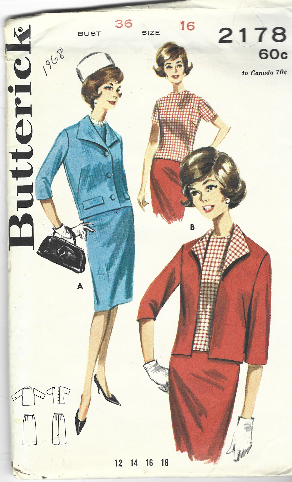 Butterick 2178 Ladies Jacket Skirt Blouse Vintage Sewing Pattern 1960s