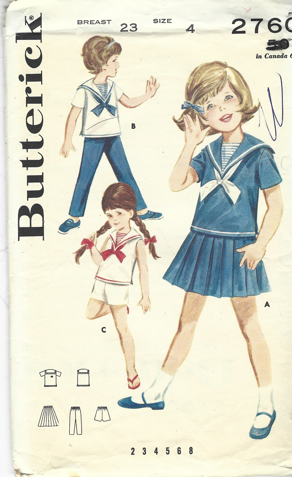 Butterick 2760 Little Girls Sailor Nautical Skirt Pants Blouse Vintage Sewing Pattern 1970s