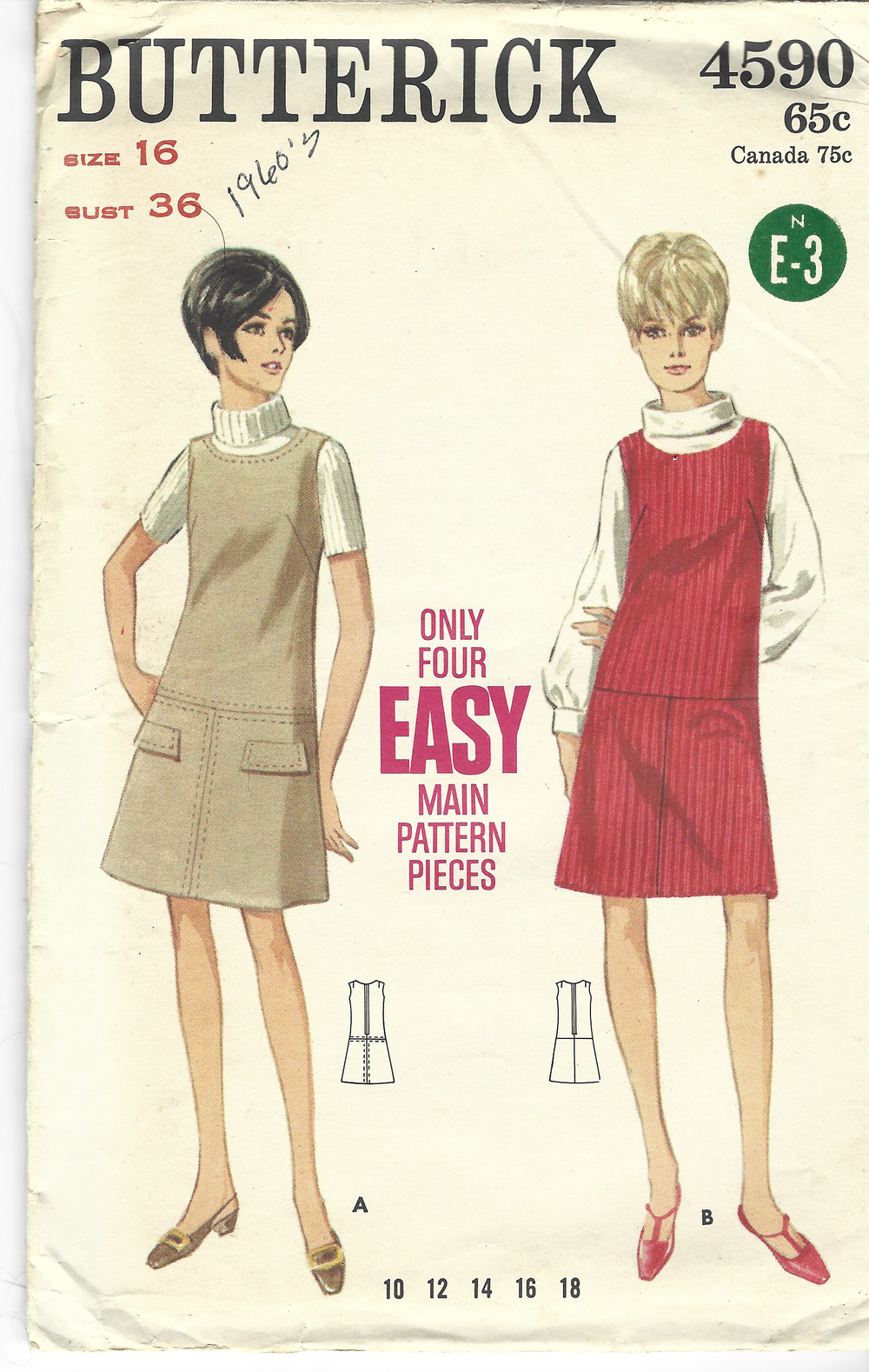 Butterick 4590 Ladies Jumper Dress Vintage Sewing Pattern 1960s