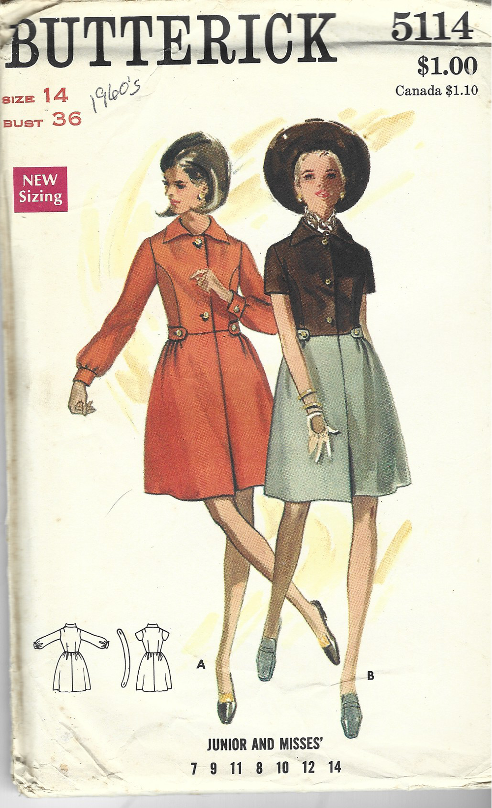 Butterick 5114 Ladies One Piece Dress Vintage Sewing Pattern 1960s