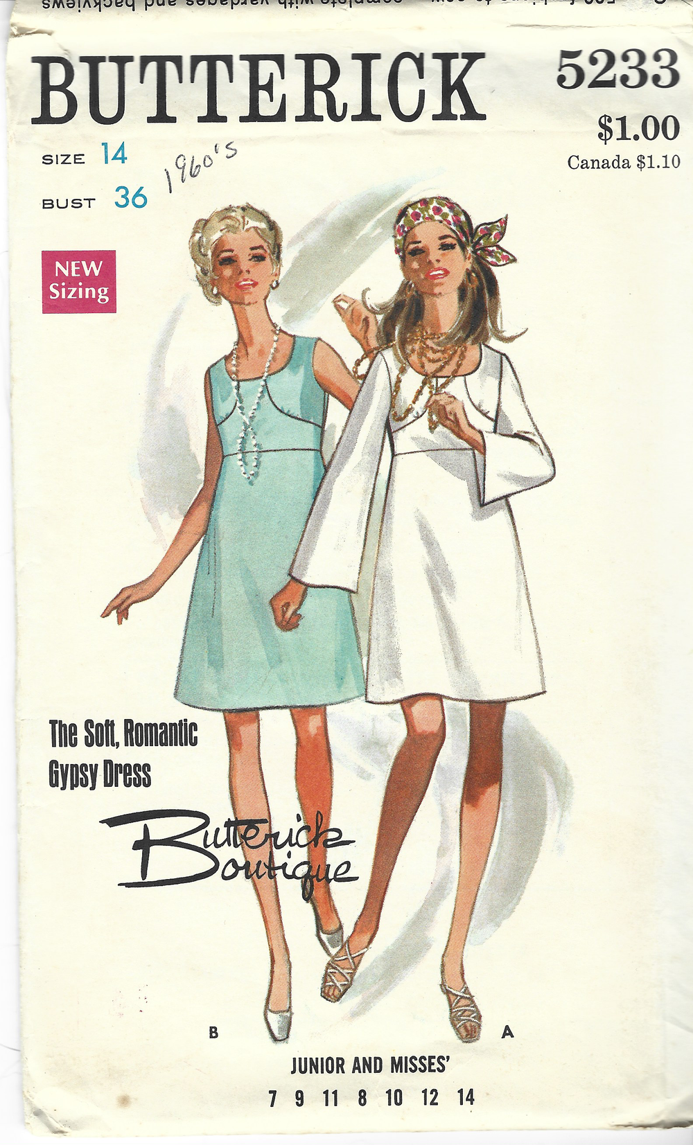 Butterick 5233 Boutique Ladies Gypsy Empire Waist Dress Vintage Sewing Pattern 1960s