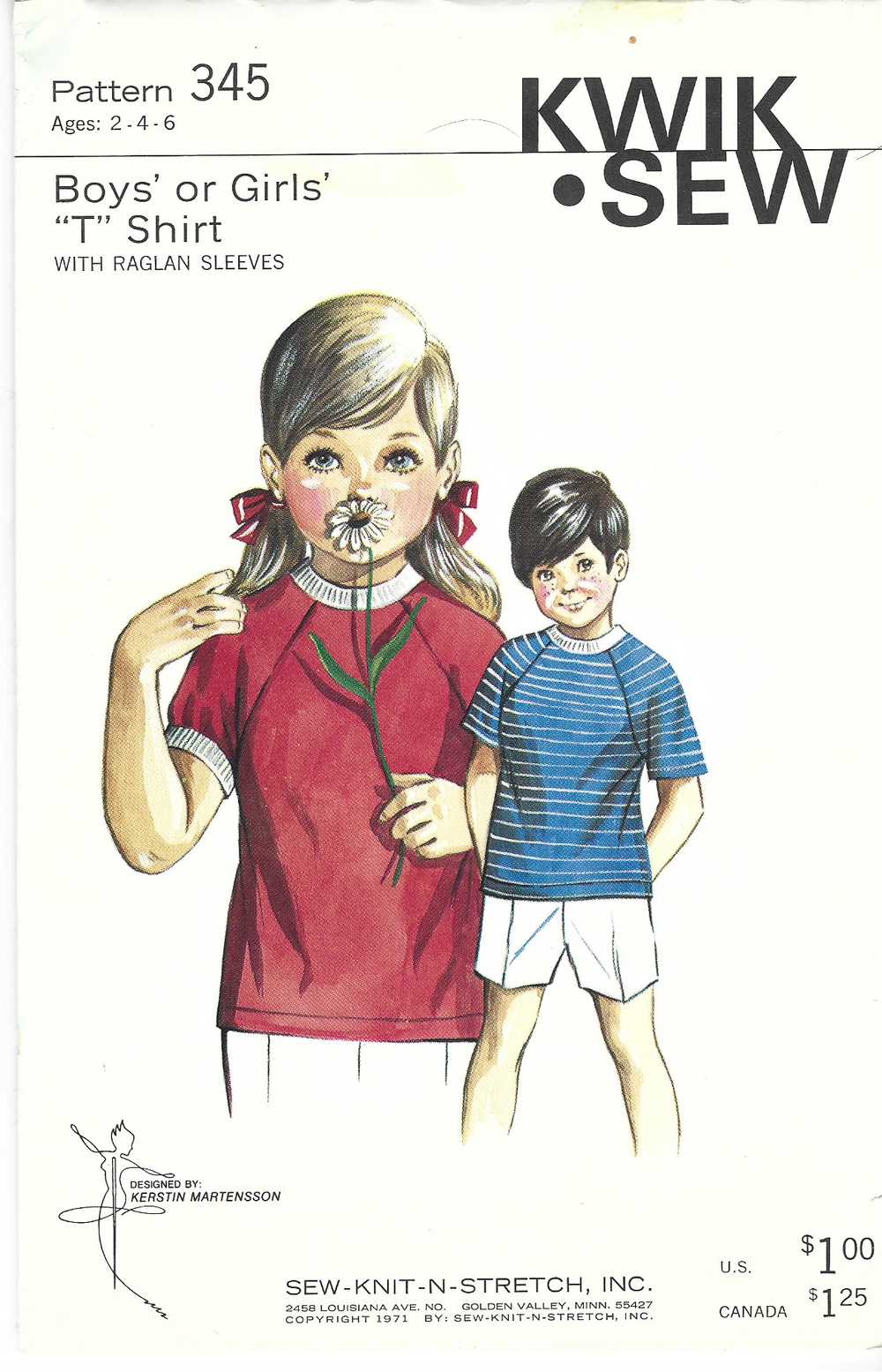 Kwik Sew 345 Children T-Shirt Boys' Girls' Vintage Sewing Pattern 1970s