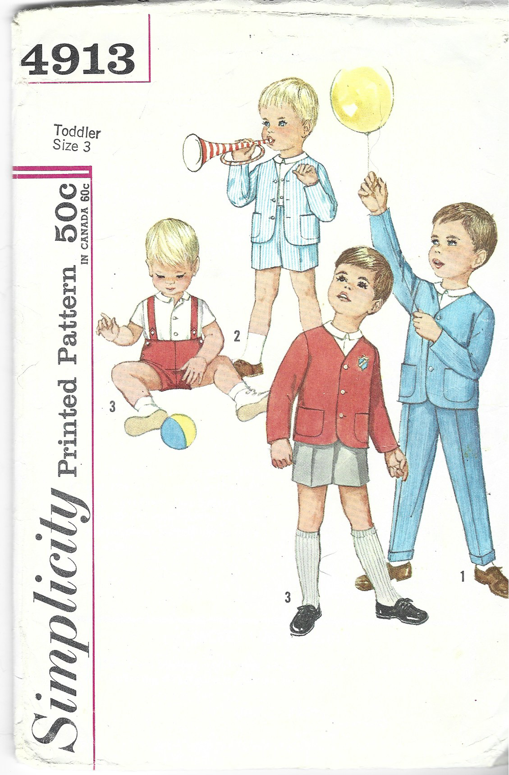 Simplicity 4913 Toddler Boys' Shirt Jacket Pants Shorts Vintage Sewing Pattern 1960s