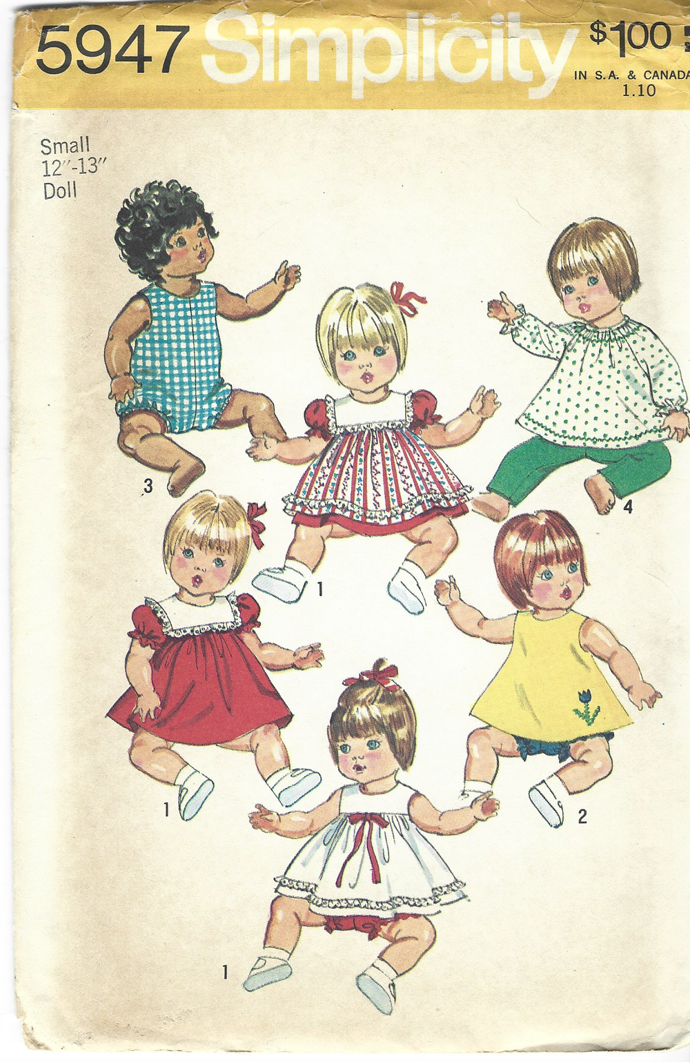 Simplicity 5947 Doll Wardrobe Dresss Pinafore Panties Vintage Craft Sewing Pattern 1970s
