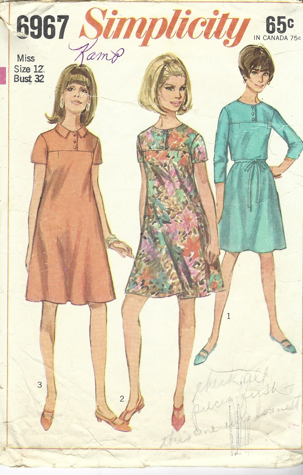 Simplicity 6967 Ladies One Piece Dress Vintage 1960s Sewing Pattern