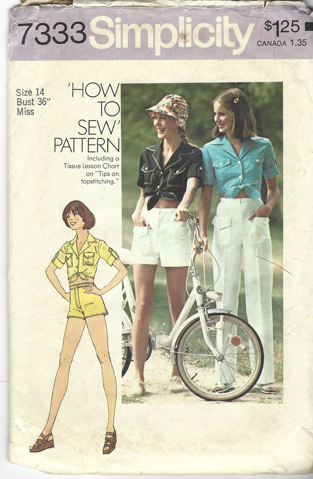 Simplicity 7333 Ladies Tie Front Top Shorts Pants Vintage Sewing Pattern 1970s